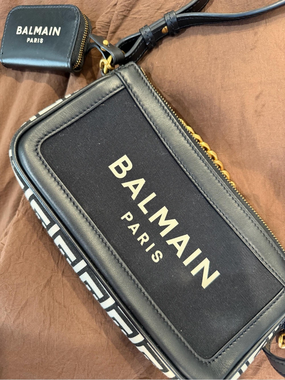 Balmain Black Logo Canvas and Leather Shoulder Bag